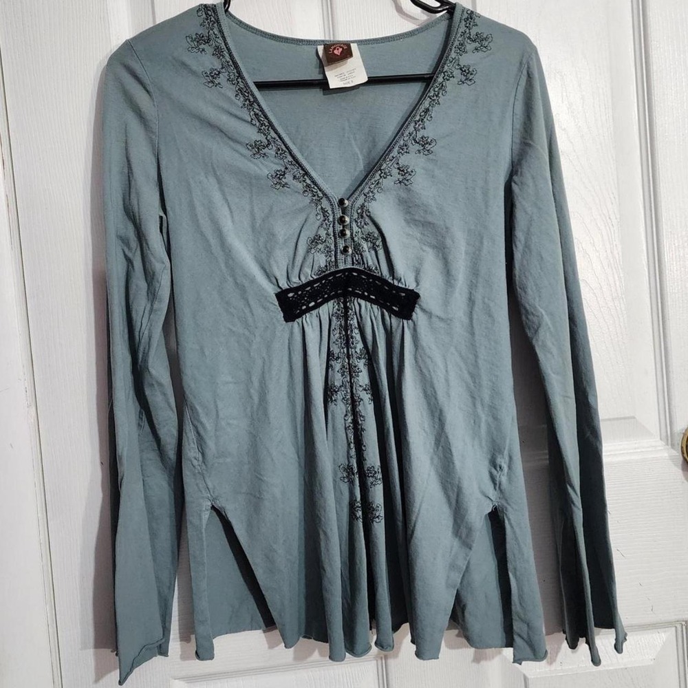 Vintage Blue Embroidered Long Sleeve Top